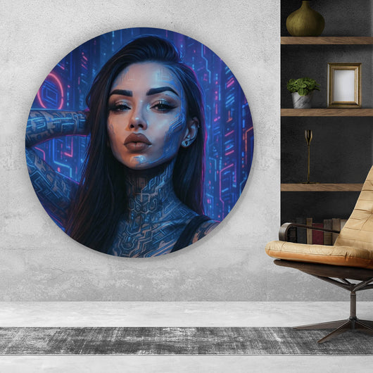 Aluminiumbild gebürstet Katjahlix Cyberpunk-Frau mit leuchtenden Tattoos und futuristischem Hintergrund Kreis