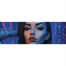 Lade das Bild in den Galerie-Viewer, Spannrahmenbild Katjahlix Cyberpunk-Frau mit leuchtenden Tattoos und futuristischem Hintergrund Panorama
