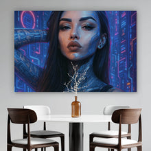 Lade das Bild in den Galerie-Viewer, Aluminiumbild gebürstet Katjahlix Cyberpunk-Frau mit leuchtenden Tattoos und futuristischem Hintergrund Querformat

