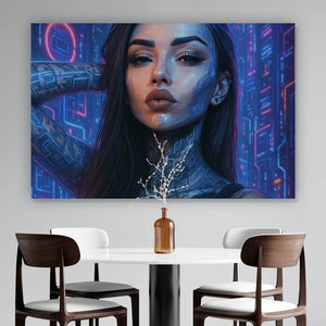 Leinwandbild Katjahlix Cyberpunk-Frau mit leuchtenden Tattoos und futuristischem Hintergrund Querformat