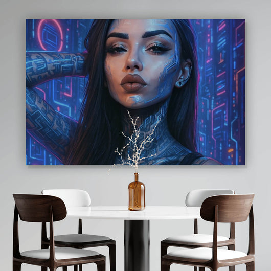 Leinwandbild Katjahlix Cyberpunk-Frau mit leuchtenden Tattoos und futuristischem Hintergrund Querformat