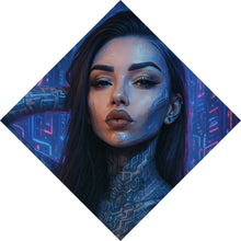 Lade das Bild in den Galerie-Viewer, Aluminiumbild gebürstet Katjahlix Cyberpunk-Frau mit leuchtenden Tattoos und futuristischem Hintergrund Raute
