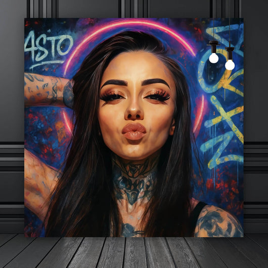 Aluminiumbild gebürstet Katjahlix mit Tattoos und Neon posiert selbstbewusst Quadrat