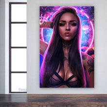 Lade das Bild in den Galerie-Viewer, Spannrahmenbild Katjahlix Neonbeleuchtete Frau mit langen Haaren und Tattoos Hochformat
