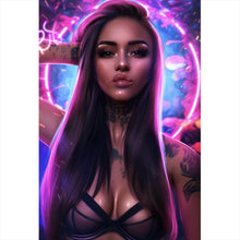 Lade das Bild in den Galerie-Viewer, Acrylglasbild Katjahlix Neonbeleuchtete Frau mit langen Haaren und Tattoos Hochformat
