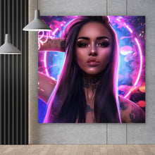 Lade das Bild in den Galerie-Viewer, Acrylglasbild Katjahlix Neonbeleuchtete Frau mit langen Haaren und Tattoos Quadrat
