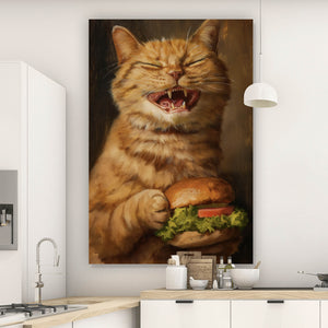 Aluminiumbild gebürstet Katze mit Burger Zeichenstil Hochformat