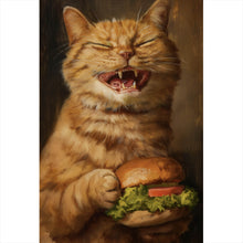 Lade das Bild in den Galerie-Viewer, Aluminiumbild gebürstet Katze mit Burger Zeichenstil Hochformat
