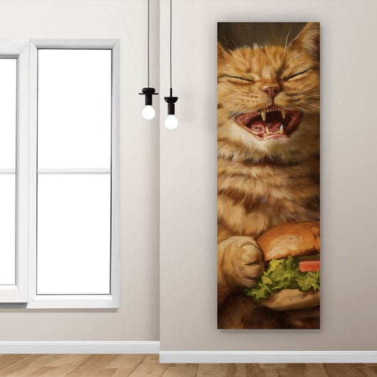 Leinwandbild Katze mit Burger Zeichenstil Panorama Hoch