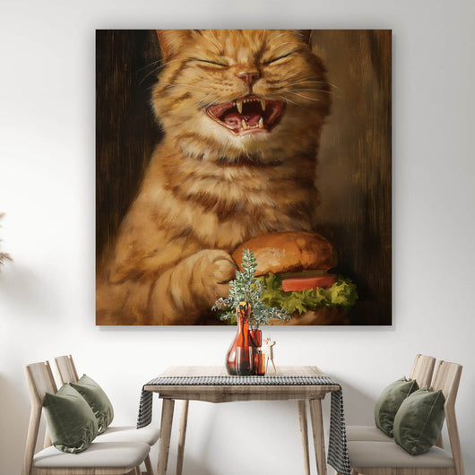Acrylglasbild Katze mit Burger Zeichenstil Quadrat