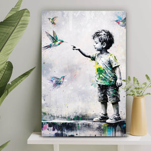 Acrylglasbild Kind berührt Vögel Hochformat
