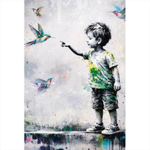 Lade das Bild in den Galerie-Viewer, Acrylglasbild Kind berührt Vögel Hochformat
