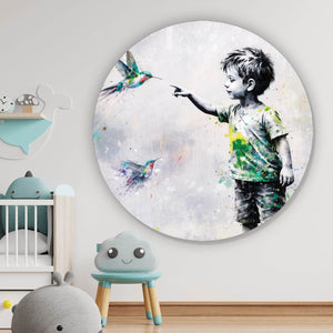 Aluminiumbild Kind berührt Vögel Kreis