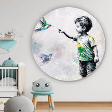 Lade das Bild in den Galerie-Viewer, Aluminiumbild gebürstet Kind berührt Vögel Kreis
