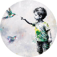 Lade das Bild in den Galerie-Viewer, Aluminiumbild gebürstet Kind berührt Vögel Kreis
