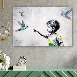 Acrylglasbild Kind berührt Vögel Querformat