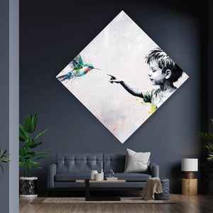 Acrylglasbild Kind berührt Vögel Raute