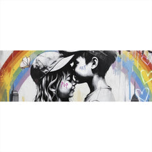 Lade das Bild in den Galerie-Viewer, Acrylglasbild Kinder umarmen sich vor buntem Regenbogen Panorama
