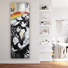 Lade das Bild in den Galerie-Viewer, Spannrahmenbild Kinder umarmen sich vor buntem Regenbogen Panorama Hoch
