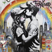 Lade das Bild in den Galerie-Viewer, Poster Kinder umarmen sich vor buntem Regenbogen Quadrat
