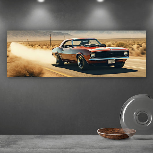 Spannrahmenbild Klassischer Muscle Car in der Wüste Panorama