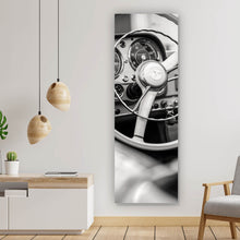 Lade das Bild in den Galerie-Viewer, Aluminiumbild gebürstet Klassisches Lenkrad und Armaturenbrett eines Oldtimers Panorama Hoch
