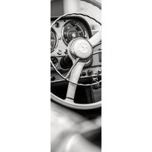 Lade das Bild in den Galerie-Viewer, Aluminiumbild gebürstet Klassisches Lenkrad und Armaturenbrett eines Oldtimers Panorama Hoch
