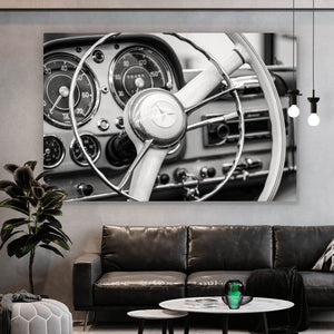 Acrylglasbild Klassisches Lenkrad und Armaturenbrett eines Oldtimers Querformat