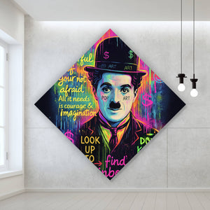 Spannrahmenbild Charlie Chaplin Neon Pop Art Raute