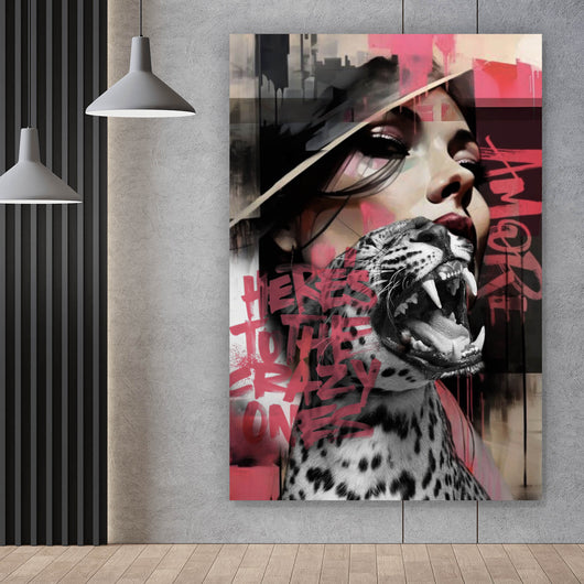 Aluminiumbild Komposition Leopard mit erotischer Frau Hochformat