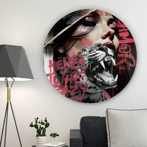 Aluminiumbild Komposition Leopard mit erotischer Frau Kreis