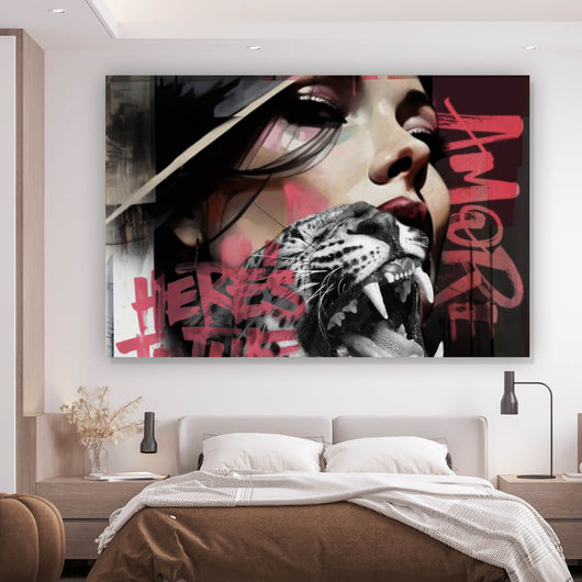Poster Komposition Leopard mit erotischer Frau Querformat