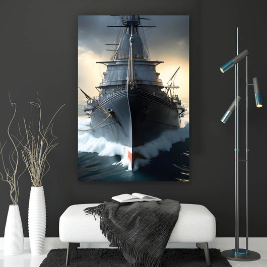 Spannrahmenbild Kriegsschiff auf stürmischem Ozean Hochformat