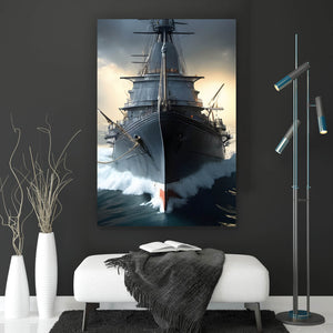 Aluminiumbild Kriegsschiff auf stürmischem Ozean Hochformat
