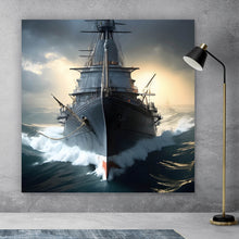 Lade das Bild in den Galerie-Viewer, Aluminiumbild gebürstet Kriegsschiff auf stürmischem Ozean Quadrat
