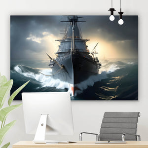 Spannrahmenbild Kriegsschiff auf stürmischem Ozean Querformat