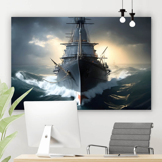 Leinwandbild Kriegsschiff auf stürmischem Ozean Querformat