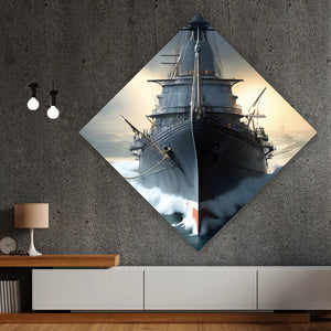 Aluminiumbild Kriegsschiff auf stürmischem Ozean Raute