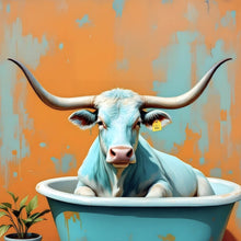 Lade das Bild in den Galerie-Viewer, Acrylglasbild Kuh mit langen Hörnern in Badewanne Quadrat
