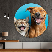 Lade das Bild in den Galerie-Viewer, Aluminiumbild gebürstet Lachende Tiere vor blauen Hintergrund Kreis
