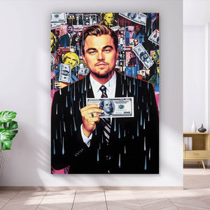 Acrylglasbild Leonardo mit Geldschein vor buntem Hintergrund Hochformat