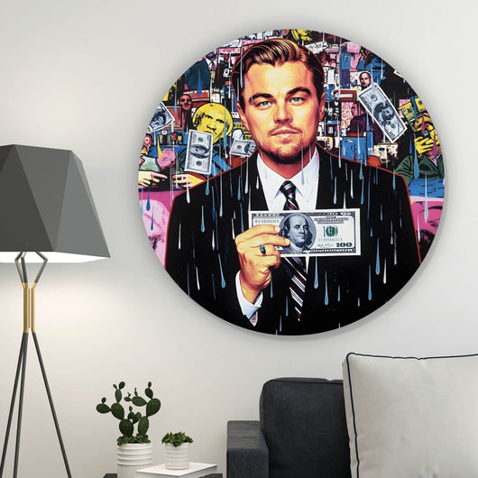 Aluminiumbild Leonardo mit Geldschein vor buntem Hintergrund Kreis