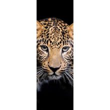 Lade das Bild in den Galerie-Viewer, Acrylglasbild Leopard auf schwarzem Hintergrund Panorama Hoch
