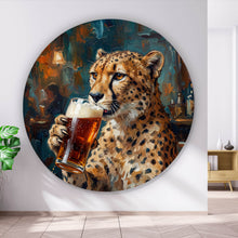 Lade das Bild in den Galerie-Viewer, Aluminiumbild Leopard genießt Bier in rustikalem Ambiente Kreis

