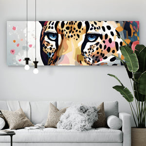 Acrylglasbild Leopardenkopf in Blumenkomposition Panorama