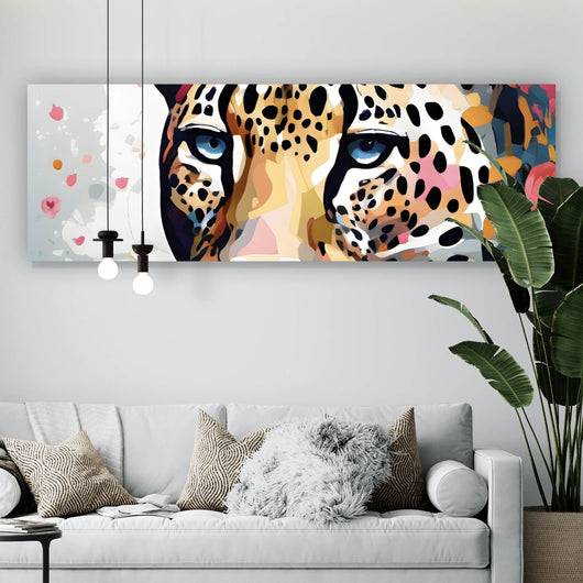 Acrylglasbild Leopardenkopf in Blumenkomposition Panorama