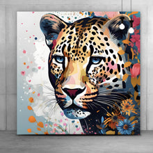 Lade das Bild in den Galerie-Viewer, Acrylglasbild Leopardenkopf in Blumenkomposition Quadrat
