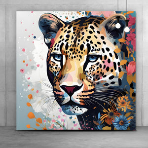 Acrylglasbild Leopardenkopf in Blumenkomposition Quadrat