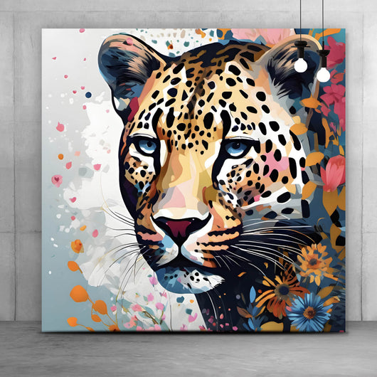 Acrylglasbild Leopardenkopf in Blumenkomposition Quadrat