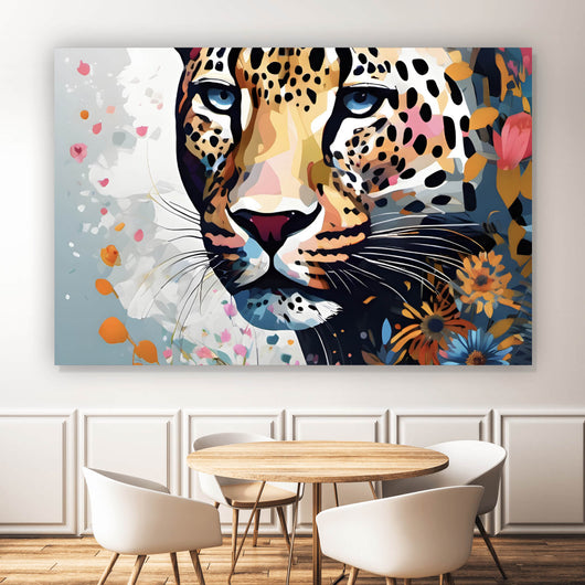 Acrylglasbild Leopardenkopf in Blumenkomposition Querformat